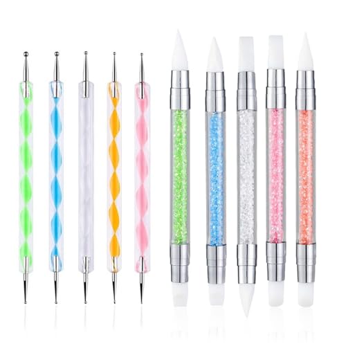 FULINJOY 5PCS Dual Tipped Nail Art Sculpture Pen with 5PCS Dotting Pens, Double Ended Brush and Dotting Tool Kit, Nail Art Design Tools (10 Pcs Set) - size: 5 Sculpture Pens + 5 Dotting Pens