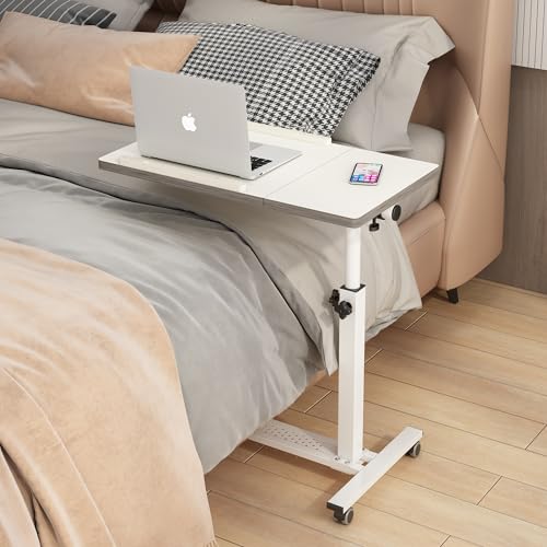 TigerDad Over Bed Table with Wheels Adjustable | Rolling Laptop Table Overbed Desk Hospital Tray Table Sofa Chair Side Table for Home Office (White) - color: White