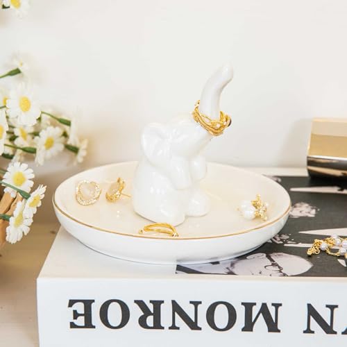 Elephant Ring Holder Dish, Ceramic Jewelry Tray Trinket Dish for Necklace Keychain Organizer, Cute Funny Birthday Wedding Mothers Day Gift for Women Friends Girls - style: White Elephant