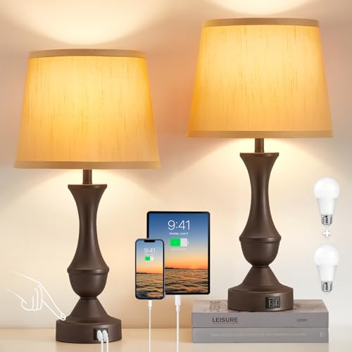 Luvkczc 22" Table Lamp Set of 2 - Farmhouse Vintage Brown Bedside Lamp with Brown Fabric Shade, Dimmable, USB C+A Ports, Nightstand Lamp for Living Room Bedroom (Bulb Included) - color: Brown,Brown, size: 22in