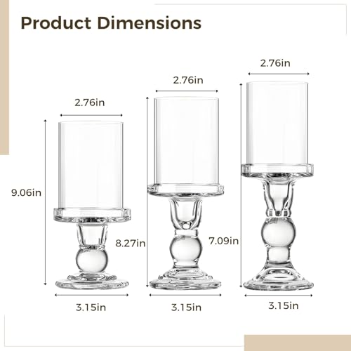 3 Pcs Modern Crystal Glass Hurricane Candle Holders Set, Elegant Roman Column Style with Windproof Glass Shades, Ideal for Pillar Candles, Wedding & Home Décor