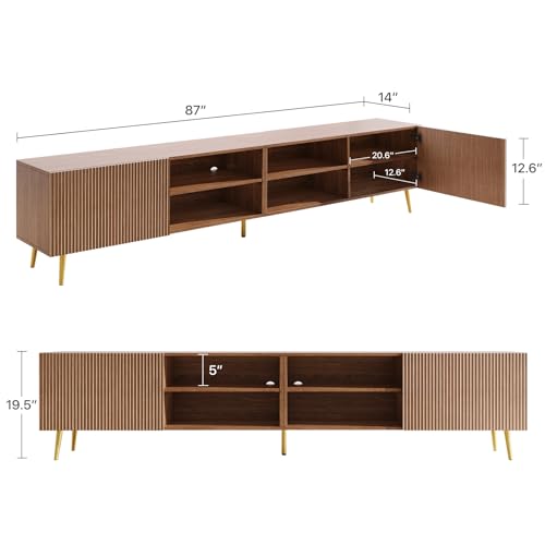 Modern 86in TV Stand for Living Room, Fluted Design Entertainment Center with Adjustable Shelves,Media TV Console Table with Storage for Bedroom,Walnut - color: Walnut