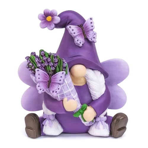 Lavender Gnome Spring Summer Decor, Fairy Garden Purple Gnome with Butterfly & Lavender Bouquet, Gnome Gifts for Women Retirement Birthday Home Office Tabletop Tiered Tray Decor - color: Purple