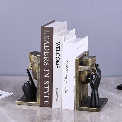 Unique Decorative Bookends – Thinking Man Statue for Bookshelf, Modern Abstract Art Bookends, Aesthetic Decor for Home, Office, Desk, Funky Book Ends for Large Books & Shelf Display (Bronze) - color: Bronze