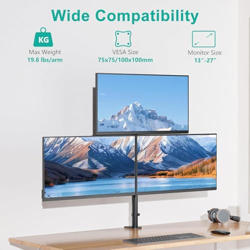 WALI Triple Monitor Mount for 13-27 inch Screens, Taller 3 Monitor Desk Mount, up to 19.8lbs, 31.9 inch Height Max, Adjustable Triple Monitors Stand, VESA 75/100mm (GSDM003S), Black - size: 13"-27", style: Triple Arms