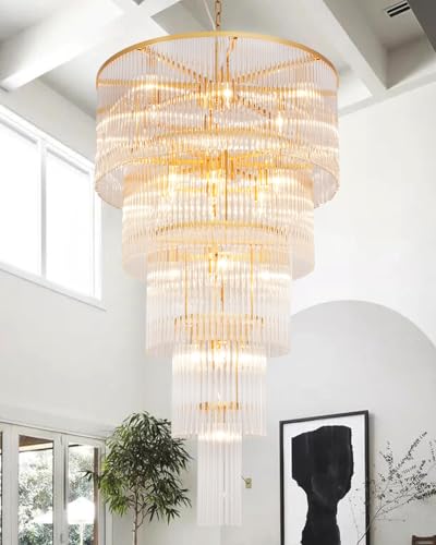 Large Gold Glass Chandelier, 5-Tier Modern Chandelier Light Fixture for High Ceiling Foyer Entryway Luxury Staircase Living Room Golden H49 D27.5 - size: Long Gold (27.5" x 49")