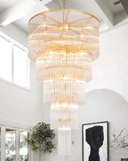 Large Gold Glass Chandelier, 5-Tier Modern Chandelier Light Fixture for High Ceiling Foyer Entryway Luxury Staircase Living Room Golden H49 D27.5 - size: Long Gold (27.5" x 49")