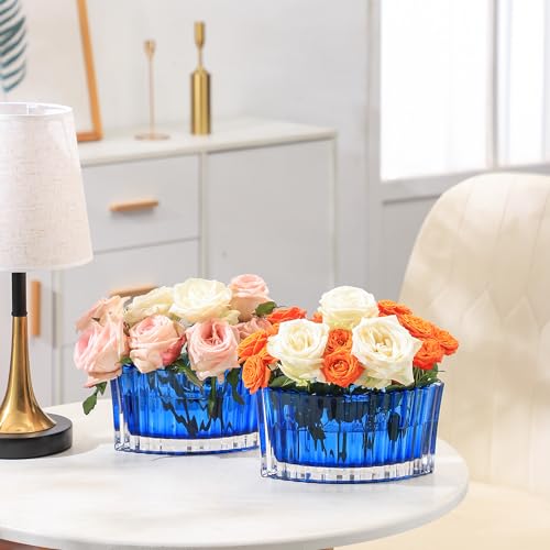 MCMCNCUIU Crystal Vases for Centerpieces, Flower Vases for Wedding Centerpieces, Blue Glass Vase for Flowers, Curve Small Vase for Living Room, Bedroom, Kitchen, Dining Table, Set of 2 - color: Blue