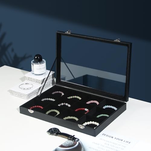 Coward Jewelry Organizer Box, Black Velvet 12 Grids Bracelet Bangle Necklace Jewelry Display Tray Case with Transparent Glass Lid for Home Drawer Desk or Store Selling Show - color: Black Velvet, size: 12Grids Box