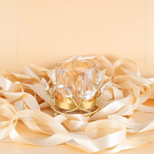Hurricane Candle Holder, Gold Pillar with Crystal Accents & Windproof Glass Lid - Elegant Centerpiece for Weddings, Dinners, Party Decor - size: Small