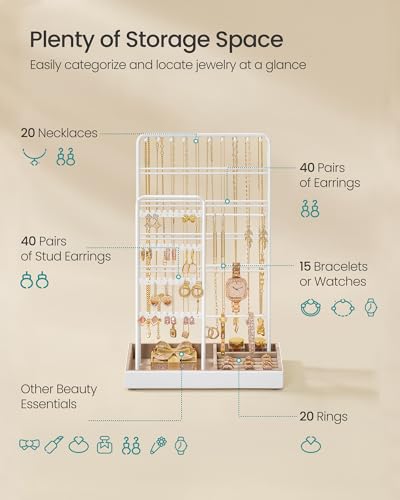 SONGMICS Necklace Holder, Jewelry Stand Holder Organizer, Jewelry Display with Metal Frame, Velvet Tray, Earring Bracelet Holder, for Gift Idea, 5.5 x 9.4 x 14.1 inch, Matte White UJJS028W01 - color: Matte White, size: 5.5"D x 9.4"W x 14.1"H