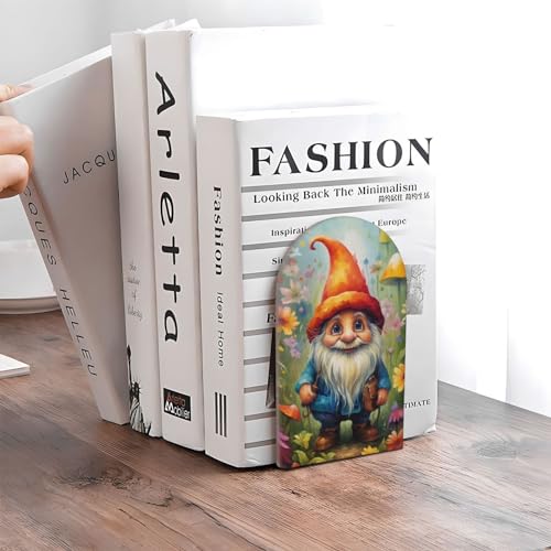 Decorative Bookends Floral Painting Gnome Flowers Kids Wood Bookends 2 Pcs Book Stoppers for Shelves Desk Non-Skid Modern Bookends for Office Kitchen School