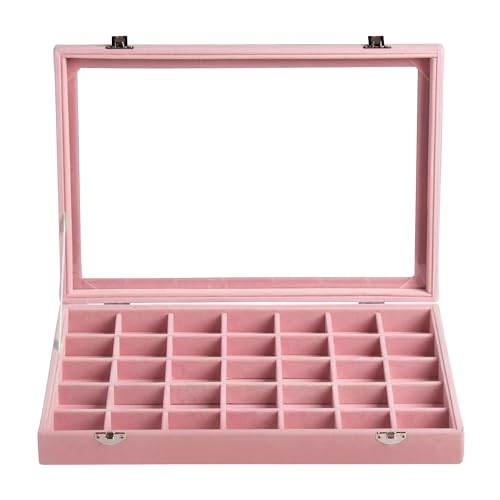 Frebeauty Velvet Jewelry Tray,35 Grid Jewelry Organizer with Clear Lid,Earring Holder Organizer Case with Clasp,Drawer Insert for Rings Studs,13.8 x 9.5 x 2 Inches,Gift for Women Girls(Pink) - color: Pink, size: 35 Grid