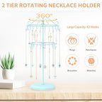 iDavosic.ly 2 Tier Rotating Necklace Holder Organizer with 42 Hooks, Adjustable Metal Bracelet Display Stand Rack, Extra Tall Keychain Spinning Tree Tower for Women, Blue - color: Light Blue