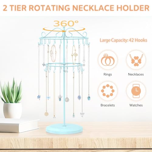 iDavosic.ly 2 Tier Rotating Necklace Holder Organizer with 42 Hooks, Adjustable Metal Bracelet Display Stand Rack, Extra Tall Keychain Spinning Tree Tower for Women, Blue - color: Light Blue