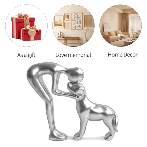 Cute Pet Sculpture Home Decor Man and Dog Statue Decoration for Office、Living Room、Bedroom、Home， Memory Gifts for Dog Lovers (Silver) - color: Silver
