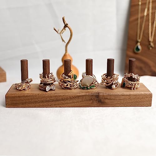 GemeShou wood ring storage jewelry organizer for woman, jewelry ring holder with 6 cones for jewelry selling, cute small ring display stand【Ring organizer-6 cones】 - color: Brown
