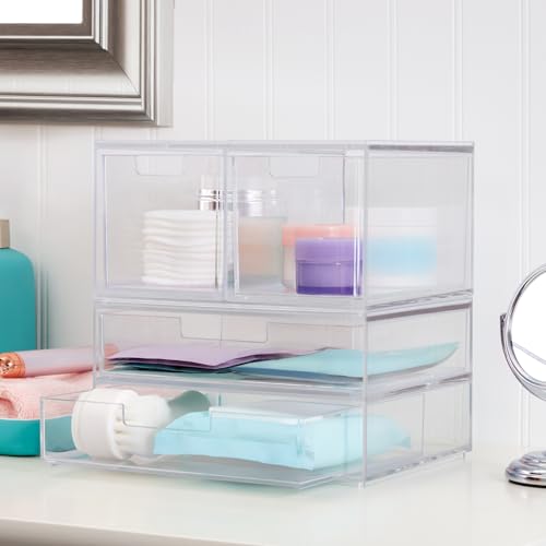 STORi Chloe Space-Saving Clear Drawer Organizer (4 Drawer Set) Sort Office, Kitchen, Beauty Supplies, Makeup, Pens, Jewelry, Stationary, Made in USA - style: Combo Drawer Set