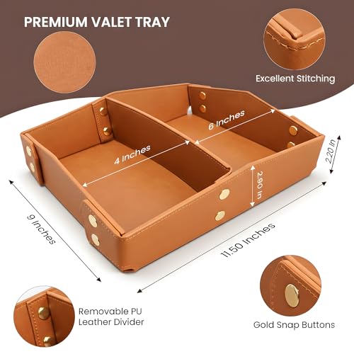 Valet Tray Organizer for Men & Women - PU Leather Catch All Tray with Removable Divider - EDC Storage for Keys, Watch, Phone - Nightstand, Dresser & Desk Organizer - Saddle Tan - color: Saddle Tan