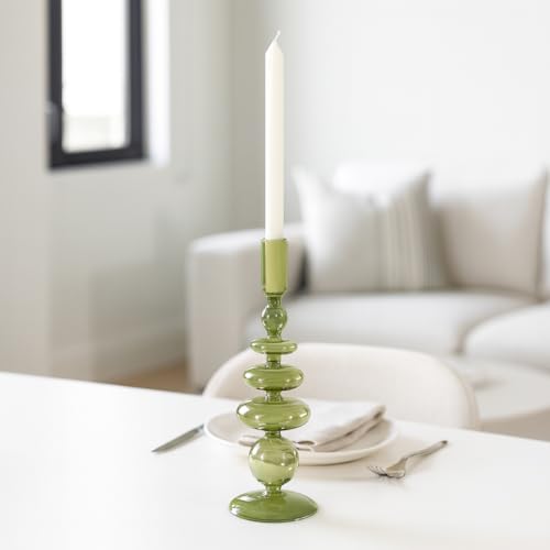 Vintage Glass Candle Holder for Pillar Candles – Taper Candle Holders for Table Decor, or Living Room – Stacked Disc and Sphere Design Candlestick Holders, Boho Home Decor – 11", Green - color: Green, size: 11.0" H