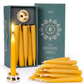 20 Minute Pure Beeswax Candles, Dripless Meditation Candles, Mini Taper Candles, Set of 20 with Brass Candle Holders. - color: 20PCS & Brass holder