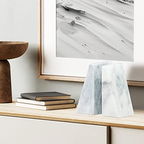 Ottimo Polished Heavy Stone Marble 6" Book Ends for Bookshelf Decor, Home, Office or Kitchen Shelves. Heavy, Triangular, and Decorative Book Stopper with Anti-Slip Pads, Great Gift Idea (White) - color: Pearl White