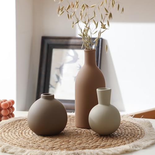 Ceramic Vase Set of 3, Vases Home Decor Rustic Farmhouse Decorative Vase Pottery Vases for Bouquet Pampas Grass Dried Fresh Flowers, Table Living Room Kitchen Bedroom Bathroom - Brown - color: Brown