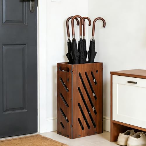 Brown Umbrella Stand for Entryway, Umbrella Holder with Removable Water Tray, PVC Umbrella Storage Bin Indoor Outdoor, Freestanding Storage Organizer for Home, Office, Hotel