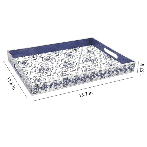 Serving Tray with Handles, 15.7 * 11.8 inches, Plastic Ottoman Tray with Exquisite Paintings, Trays for Coffee Table - color: Blue White