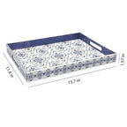Serving Tray with Handles, 15.7 * 11.8 inches, Plastic Ottoman Tray with Exquisite Paintings, Trays for Coffee Table - color: Blue White