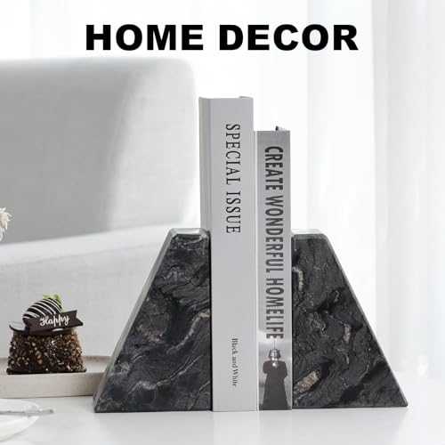 Karibiber Marble Bookends for Heavy Books, Decorative Book Ends for Shelves, Titanium Black Stone Durable and Heavy-Duty Book Ends for Hardback Books & CDS, Unique Book Stopper & Holder, Set of 2 - color: Black