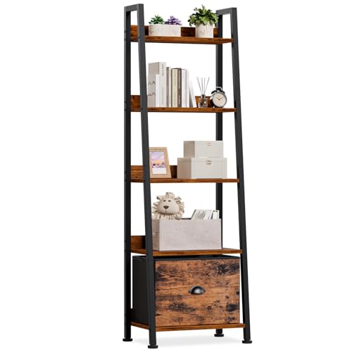 Furologee 5-Tier Ladder Shelf, Ladder Bookshelf with Removable Drawer, Rustic Bookcase Storage Rack Organizer, Wood Metal Freestanding Storage Shelf for Living Room, Home Office, Bedroom, Balcony - color: Rustic Brown, size: 5-Tier, 15" W