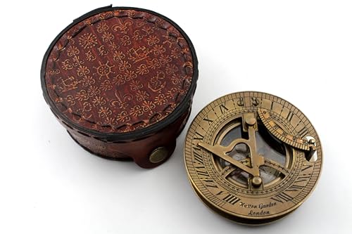 Brass Compass - Antique Brass Sundial Compass Marine Boat Gift Pocket Sun Dial in Box Nautical Marine Gift Sun Clock Pirate Ship Replica Watch - color: Red/Gold