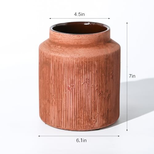 Farmhouse Vase for Home Decor, Vintage Rustic Terracotta Flower Vase Suitable for Home Decor, Living Room, Shelf, Dining Table. Rust Red 7IN. - color: Retro-8, size: 6.1 x 7 inches