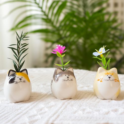 MOUGIGI 3PCS Mini Flower Vases–Unique Small cat vase-Cute Ceramic Bud Vases for Single Stem Flowers & Cat Whisker-Home Decor for Desks & Bookshelves-Ideal Gift for Cats Lovers & Flower Enthusiasts - color: 3 Pcs Painted Cat Vase