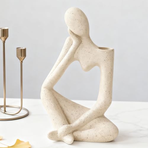 Arawat White Thinker Ceramic Flower Vase for Home Decor Modern Cute Boho Vases for Table Room Decor Unique Aesthetic Vase Ceramic Decorative Vases for Centerpieces Birthday Gifts for Women Men - color: # B Beige Ceramic Flower Vase for Room Decor