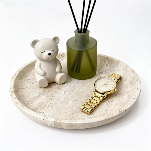 Vanity Tray for Bathroom, Dresser, Counter, Home Decor 10.24” D x 1.18”H Travertine Round Decorative Tray for Candles, Perfumes, Jewelry, Plants Natural Stone Organiser Dish Beige (NS053) - color: Beige Travertine