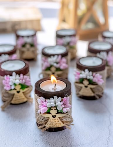 Ju's Favors Wooden Candle Holders Set of 10 for Baptism Gift for Guests, Christening Gifts, Party Favors. (Dark brown - pink) - color: Dark Brown - Pink