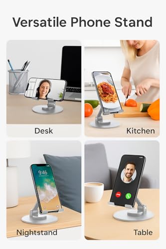 Uncaged Ergonomics 360° Swivel Rotating Adjustable Phone Stand for Desk, Portable & Foldable Cell Phone Stand for Desk, Compact Mobile Stand for Tabletop, Office, Kitchen & Bedroom (Silver) - color: Silver