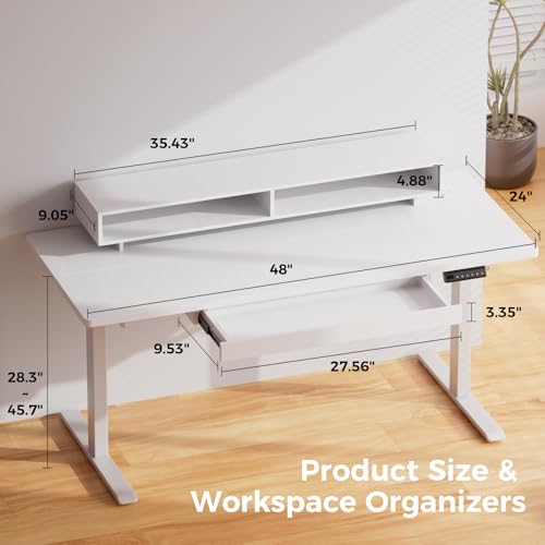 GTPLAYER Electric Standing Desk with Drawers, 48 x 24 Inch Height Adjustable Gaming Desk with Monitor Stand, Power Outlets & LED Lights, Home Office Sit Stand Up Desk with Memory Preset (White) - color: White, size: 48*24"