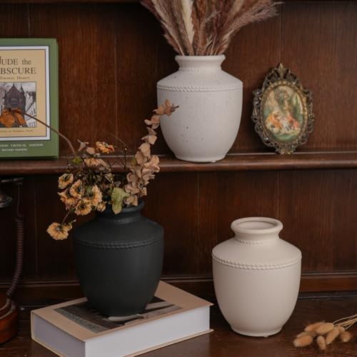 Farmhouse Ceramic Vase for Living Room Bedroom Black 7.45'' Flower Bouquet Vase for Fake Plant Home Decor Office Fireplace Centerpieces Rustic Retro Vintage Modern Gift Decoration - color: Black