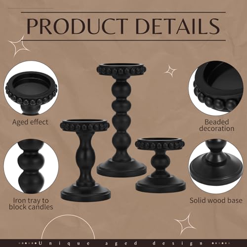 Mumufy 3 Pcs Candle Holders for Pillar Candles Rustic Farmhouse Home Decor Decorative Washed Beaded White Black Wood Candle Holder Country Style for Table Mantel Fireplace Wedding(Black,Small) - color: Black, size: Small