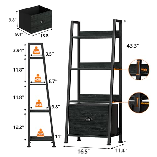 Furologee 4-Tier Ladder Shelf, Ladder Bookshelf with Removable Drawer, Bookcase Storage Rack Organizer, Freestanding Storage Shelves for Living Room, Home Office, Bedroom, Black Oak - color: Black Oak, size: 4-Tier, 15" W