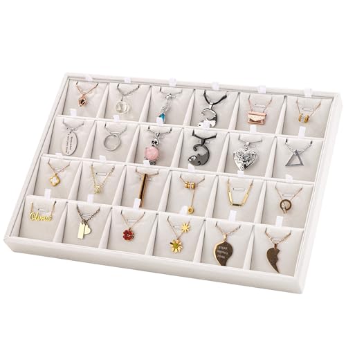 Mornajina 24 Grids Stackable Jewelry Tray Organizer with Removable Dividers, Velvet Jewelry Display Tray for Earrings Necklaces Bracelet Rings Display Showcase - Beige - color: Beige