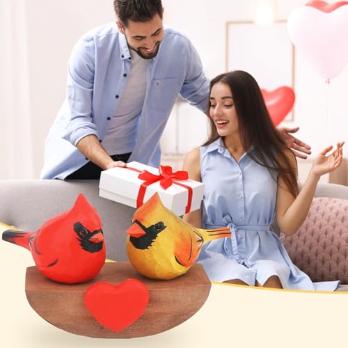 Handmade Wooden Cardinal Figurines on Heart Base - Set of 3 Hand-Carved Male & Female Red Bird Statues - Romantic Couples Gift for Anniversary, Valentine's Day, Wedding & Home Decor Accents - color: Red&yellow