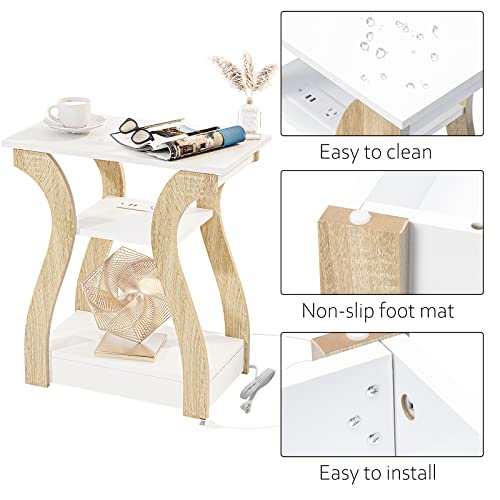 FROMJBEST End Table with Charging Station, Side Table with USB Ports and Outlets, Nightstand, 3 Tier End Table with Storage Shelf for Living Room, Bedroom (White) - color: White