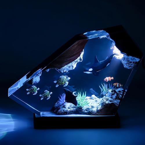 Drawelry Ocean Creative Epoxy Resin Wood Light Lamp, Handmade Multi Color Aquatic Ocean Lamp Deep Sea Diver Cave Diving Enthusiasts Led Night Light Desktop Decor Christmas Birthday Gift (Turtle, S) - color: Turtle