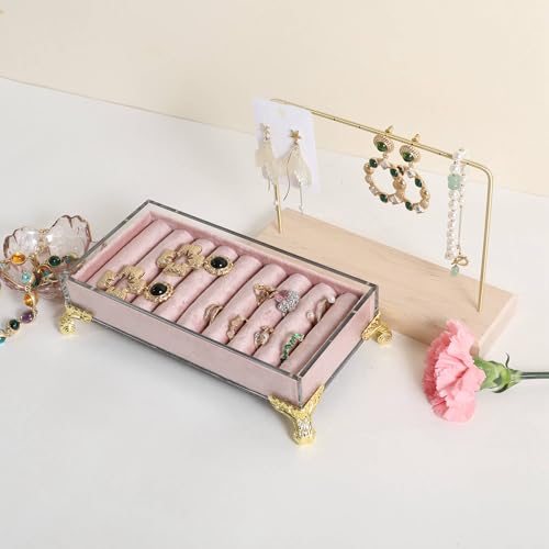 GemeShou velvet slots Ring holder for jewelry organizer, Earring ring display stand for selling, felt ring jewelry holder tray showcase【Velvet slots Ring Holder-Pink】 - color: Pink