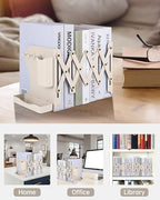 Honagu Adjustable Bookends, Metal Book Ends for Shelves Heavy Book, Bookend for Home, Office, Books, Papers, Book Stopper with Removable Hook, Pen Holder, Gifts for Students, Teachers（Milky White） - color: Milky White