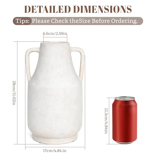 11 Inch Tall Ceramic Vase with Handles, Off-White Farmhouse Rustic Decor | Large Terracotta Style Table Vase for Living Room, Shelf & Fireplace Mantle | Decorative Pottery Centerpiece - color: Antique
